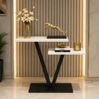 Contemporary 2 Tier White Marble Black Console Table