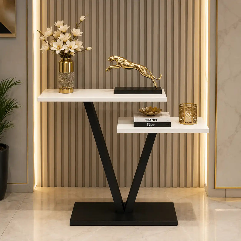 Contemporary 2 Tier White Marble Black Console Table