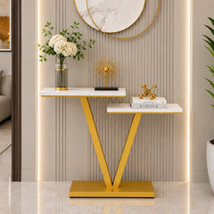 Contemporary 2 Tier White Marble Golden Console Table