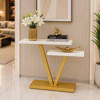 Contemporary 2 Tier White Marble Golden Console Table