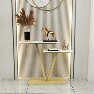 Contemporary 2 Tier White Marble Golden Console Table