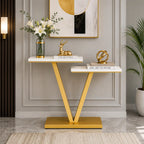 Contemporary 2 Tier White Marble Golden Console Table