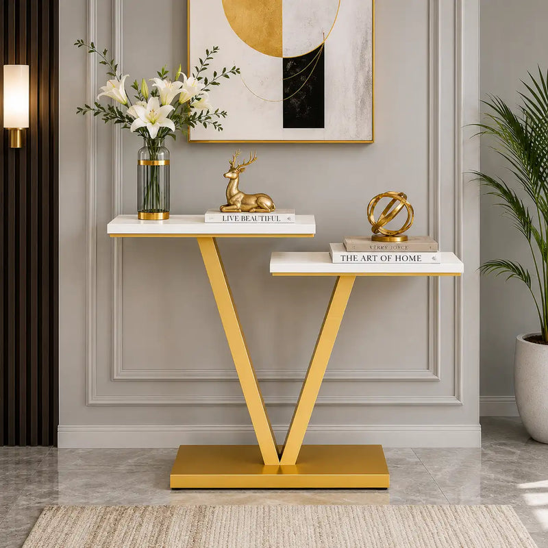 Contemporary 2 Tier White Marble Golden Console Table