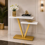Contemporary 2 Tier White Marble Golden Console Table
