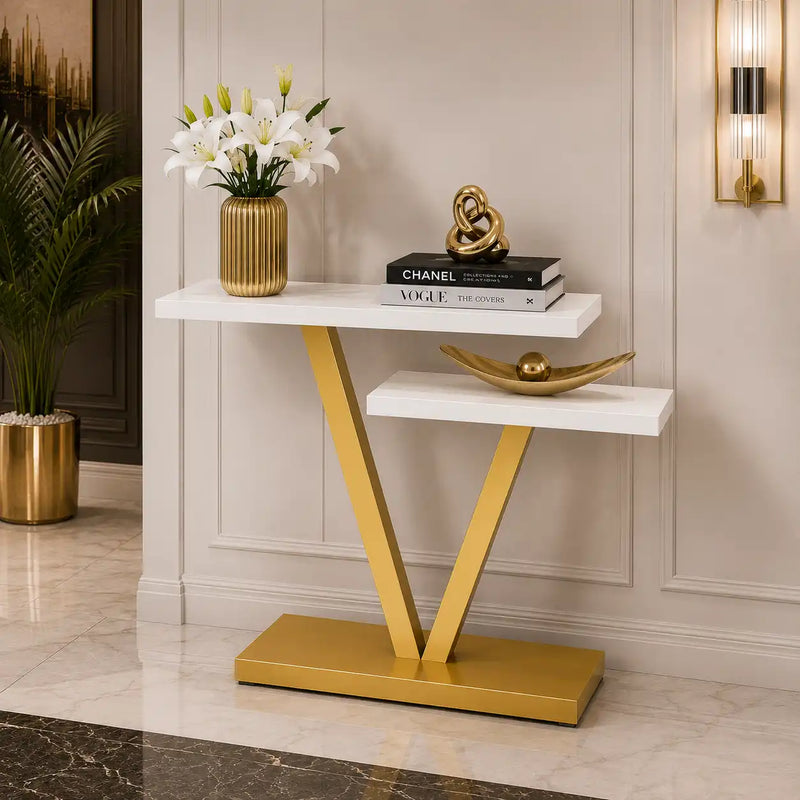 Contemporary 2 Tier White Marble Golden Console Table