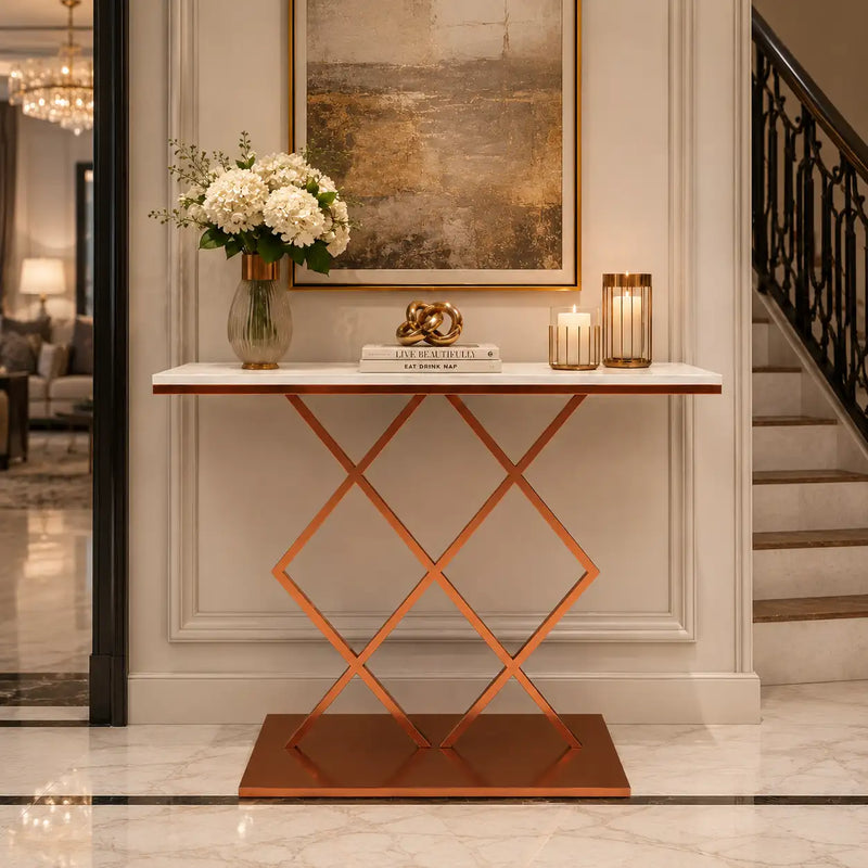 Copper Finish Console Table In Geometric Criss Cross Pattern