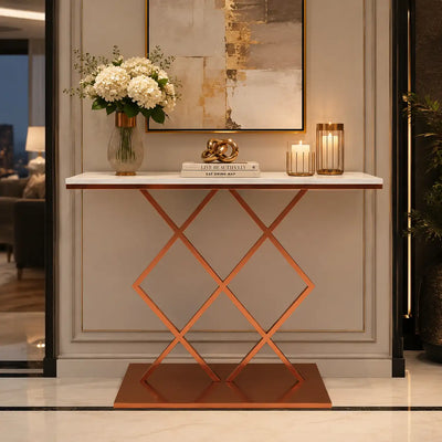 Copper Finish Console Table In Geometric Criss Cross Pattern