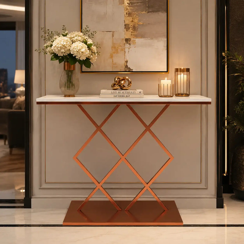 Copper Finish Console Table In Geometric Criss Cross Pattern