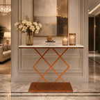 Copper Finish Console Table In Geometric Criss Cross Pattern