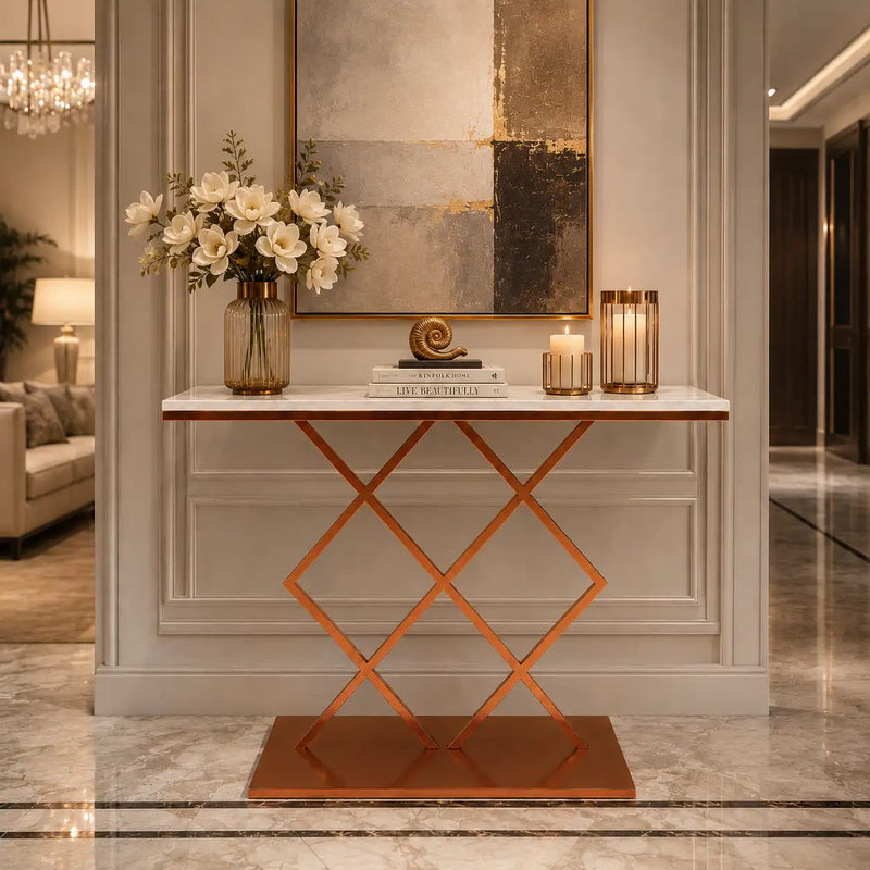 Copper Finish Console Table In Geometric Criss Cross Pattern