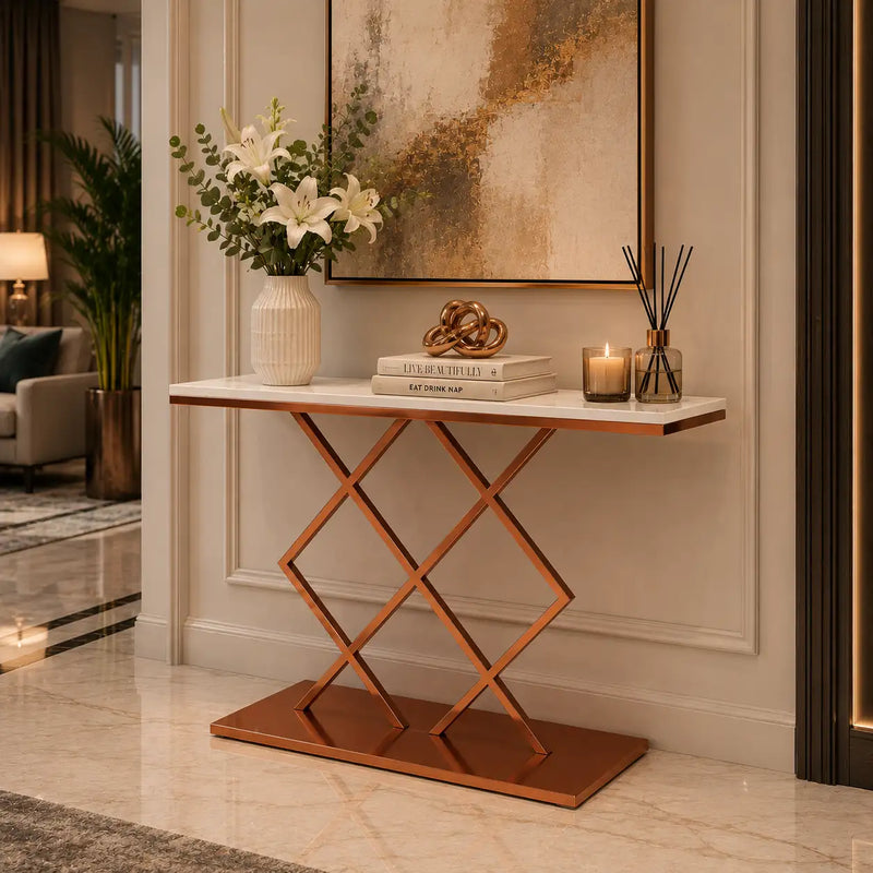 Copper Finish Console Table In Geometric Criss Cross Pattern