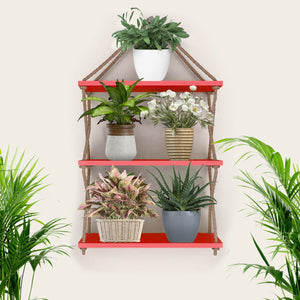 Cross Rope Wooden Wall Hanging Planter Shelf (Red Color)