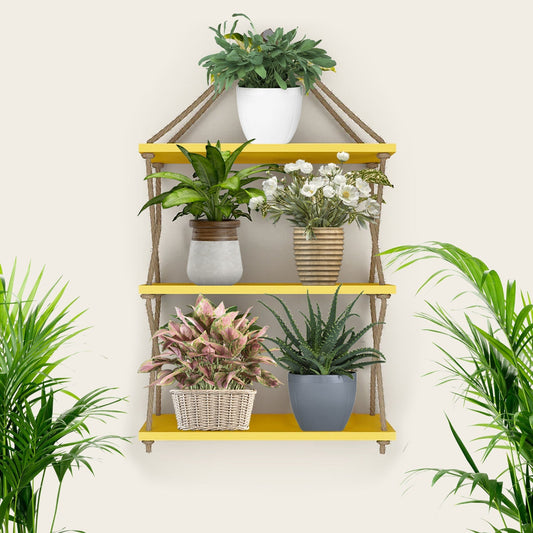 Cross Rope Wooden Wall Hanging Planter Shelf (Yellow Color)