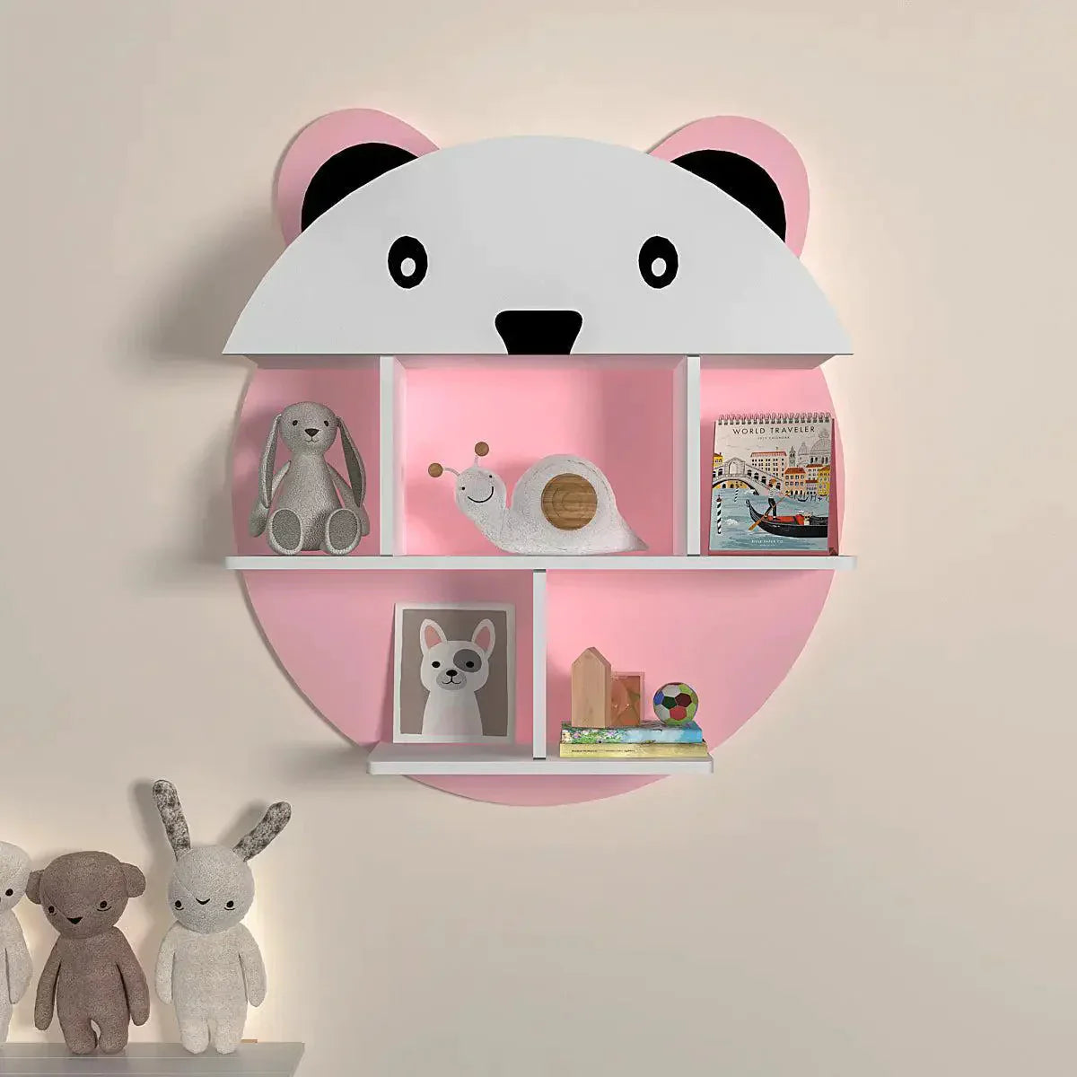 Pink Wall Storage Cute Little Panda Shape Wooden Wall Storage Shelf