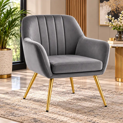 Dense Padded Bright Grey Comfy Velvet Accent Chair