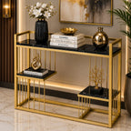 Designer 3-Tier Black Faux Marble Golden Console Table