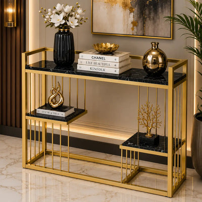 Designer 3-Tier Black Faux Marble Golden Console Table