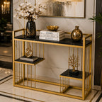 Designer 3-Tier Black Faux Marble Golden Console Table