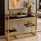 Designer 3-Tier Black Faux Marble Golden Console Table