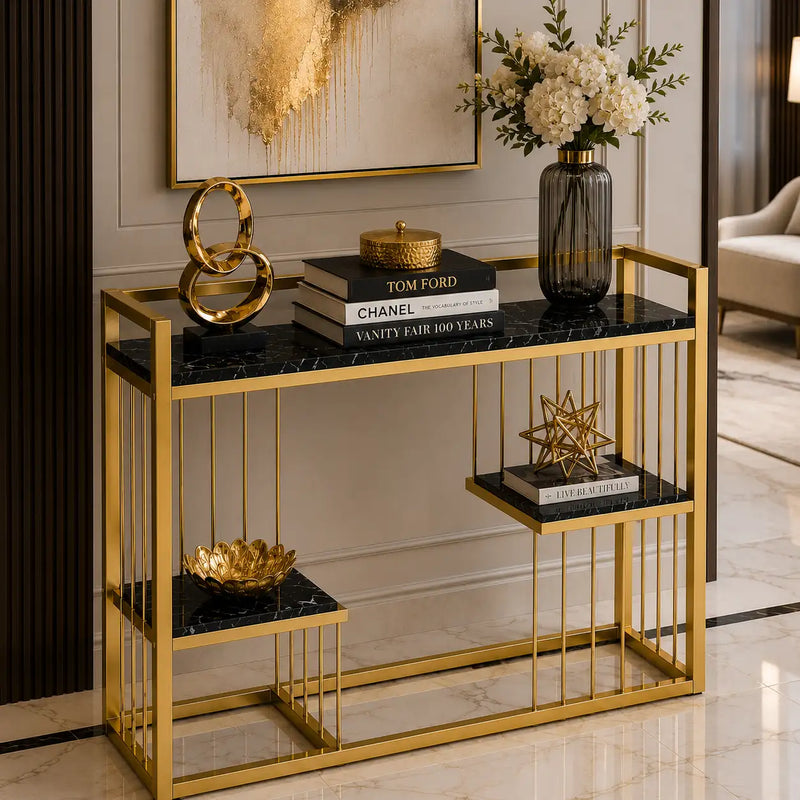 Designer 3-Tier Black Faux Marble Golden Console Table