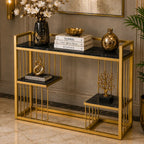 Designer 3-Tier Black Faux Marble Golden Console Table