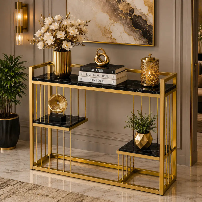 Designer 3-Tier Black Faux Marble Golden Console Table