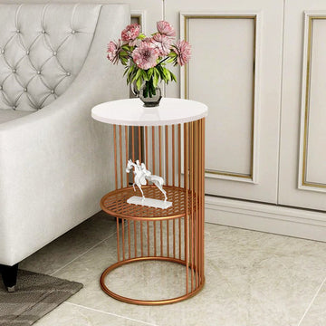 Designer Art Golden Half Caged White with Marble Coffee Round Side Table