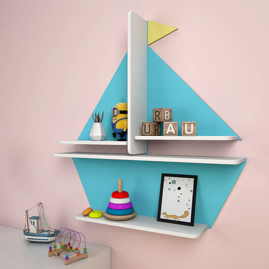  Boat Shaped Blue Wooden Wall Shelf for Kids