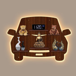 Designer Car Wooden LED Light Wall Shelf with Walnut Finish