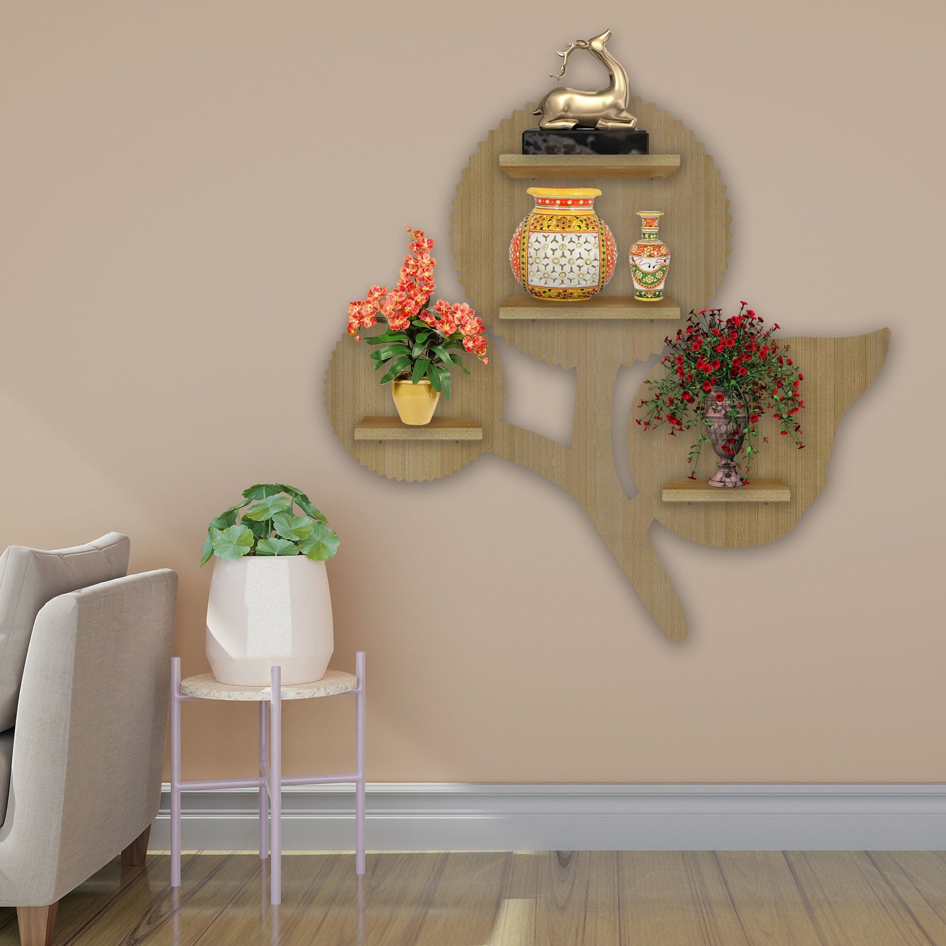 Flower Shape Wooden LED Light Wall Shelf with Oak Finish