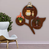 Flower Shape Wooden LED Light Wall Shelf with Walnut Finish