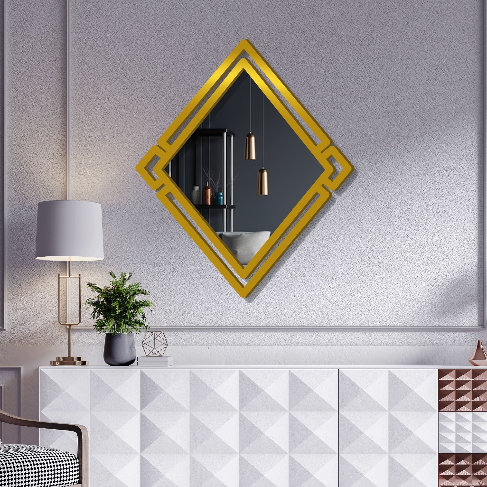 Designer Geometrical Squre Shape Golden Finish Wooden Vanity Mirror