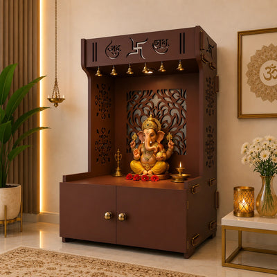 Designer Intricate Jali Design Pattern Floor Temple with Spacious Wooden Shelf & Inbuilt Focus Light- Brown Finish