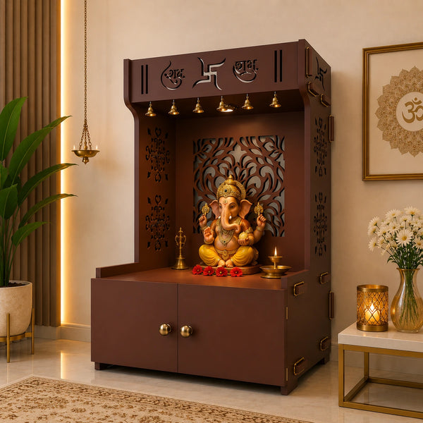 Designer Intricate Jali Design Pattern Floor Temple with Spacious Wooden Shelf & Inbuilt Focus Light- Brown Finish