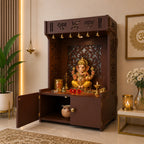 Designer Intricate Jali Design Pattern Floor Temple with Spacious Wooden Shelf & Inbuilt Focus Light- Brown Finish