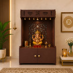 Designer Intricate Jali Design Pattern Floor Temple with Spacious Wooden Shelf & Inbuilt Focus Light- Brown Finish