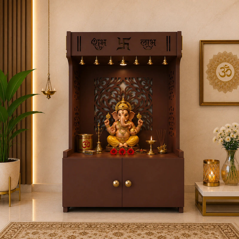 Designer Intricate Jali Design Pattern Floor Temple with Spacious Wooden Shelf & Inbuilt Focus Light- Brown Finish