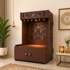 Designer Intricate Jali Design Pattern Floor Temple with Spacious Wooden Shelf & Inbuilt Focus Light- Brown Finish