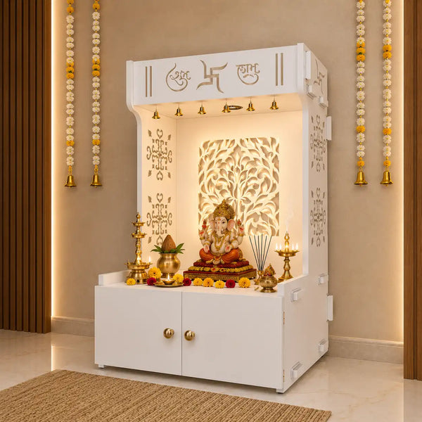 Designer Intricate Jali Design Pattern Floor Temple with Spacious Wooden Shelf & Inbuilt Focus Light- White Finish