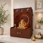 Designer Om Chakra Floor Temple with Spacious Wooden Shelf & Inbuilt Focus Light- Brown Finish