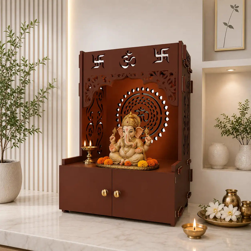 Designer Om Chakra Floor Temple with Spacious Wooden Shelf & Inbuilt Focus Light- Brown Finish