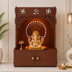 Designer Om Chakra Floor Temple with Spacious Wooden Shelf & Inbuilt Focus Light- Brown Finish