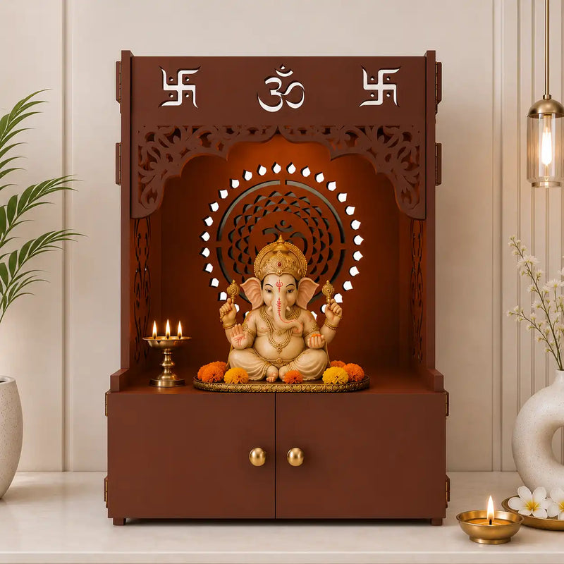 Designer Om Chakra Floor Temple with Spacious Wooden Shelf & Inbuilt Focus Light- Brown Finish