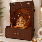 Designer Om Chakra Floor Temple with Spacious Wooden Shelf & Inbuilt Focus Light- Brown Finish