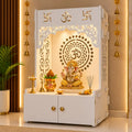 Designer Om Chakra Floor Temple with Spacious Wooden Shelf & Inbuilt Focus Light- White Finish