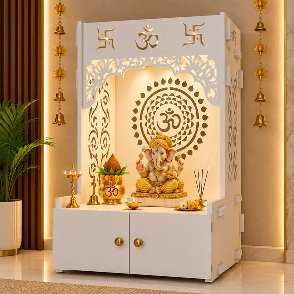 Designer Om Chakra Floor Temple with Spacious Wooden Shelf & Inbuilt Focus Light- White Finish