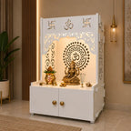 Designer Om Chakra Floor Temple with Spacious Wooden Shelf & Inbuilt Focus Light- White Finish