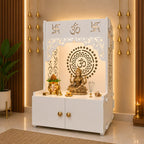 Designer Om Chakra Floor Temple with Spacious Wooden Shelf & Inbuilt Focus Light- White Finish