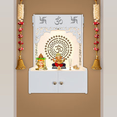 Designer Om Chakra White Wood Temple with Inbuilt Focus Light & Spacious Shelf