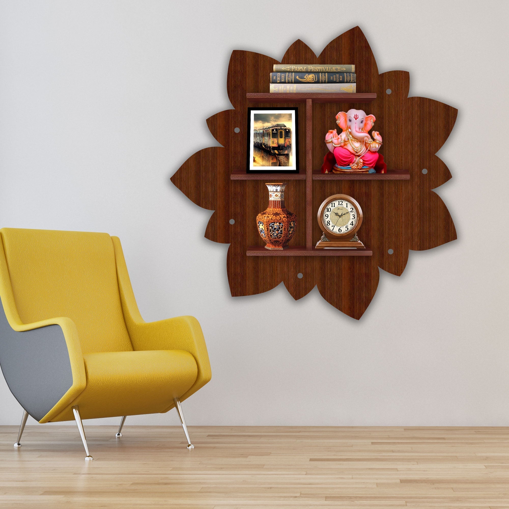 Designer Rangoli Shape Wooden LED Light Wall Shelf